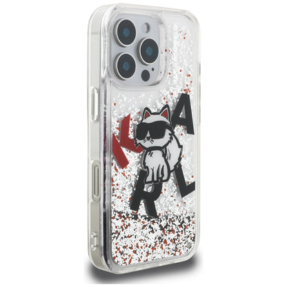 Custodia MagSafe per Apple iPhone 16 Pro Max, Karl Lagerfeld, Liquid Glitter Choupette Logo, Trasparente