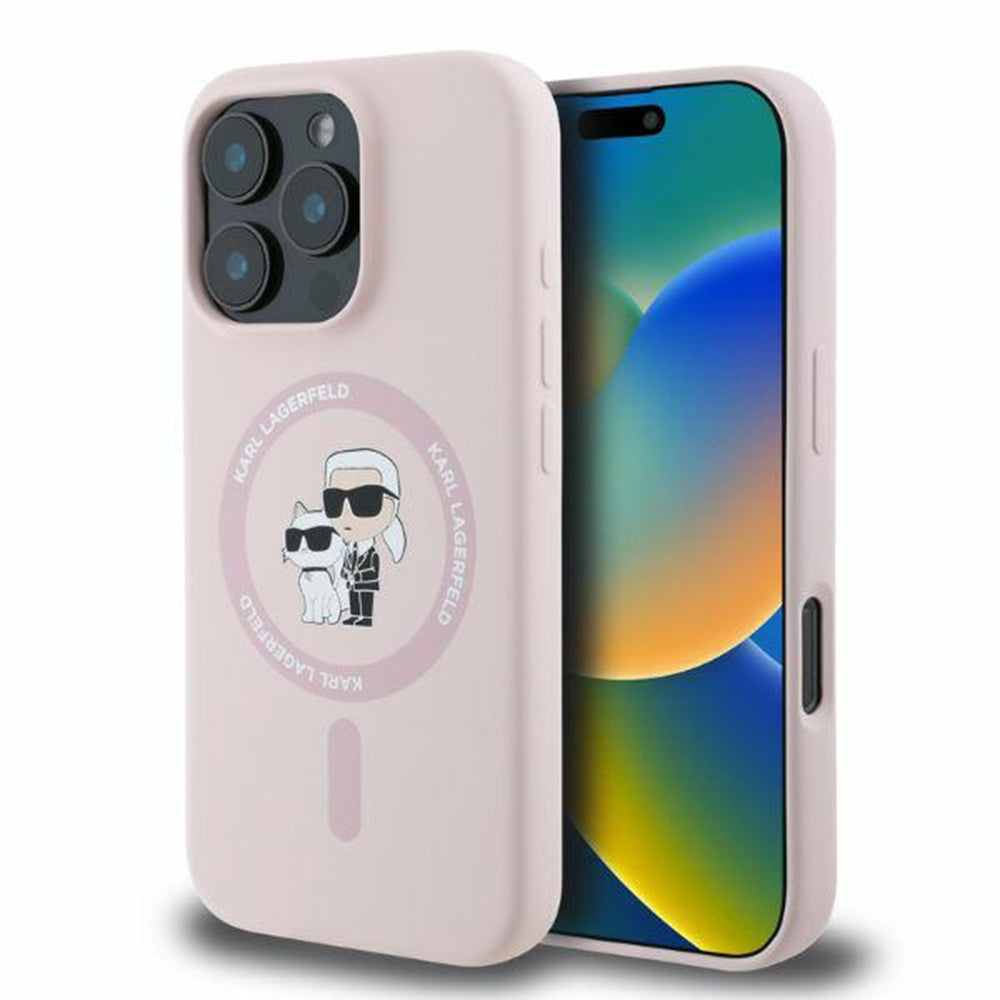 MagSafe Hülle für Apple iPhone 16 Pro Max, Karl Lagerfeld, Silicone Ring Karl & Choupette, Rosa