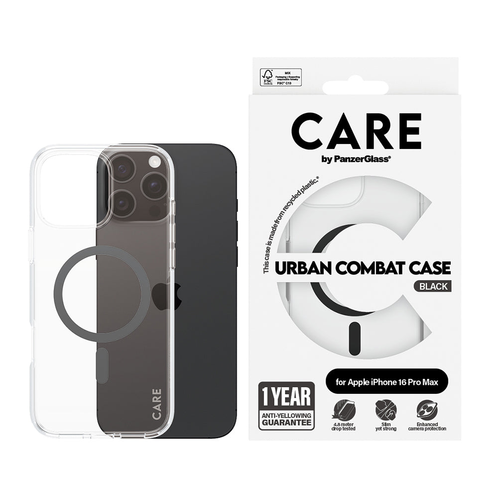 Custodia MagSafe per Apple iPhone 16 Pro Max, PanzerGlass, Care Urban Combat, Trasparente Nera