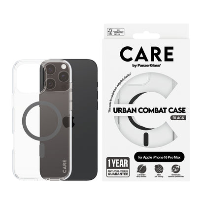 Custodia MagSafe per Apple iPhone 16 Pro Max, PanzerGlass, Care Urban Combat, Trasparente Nera