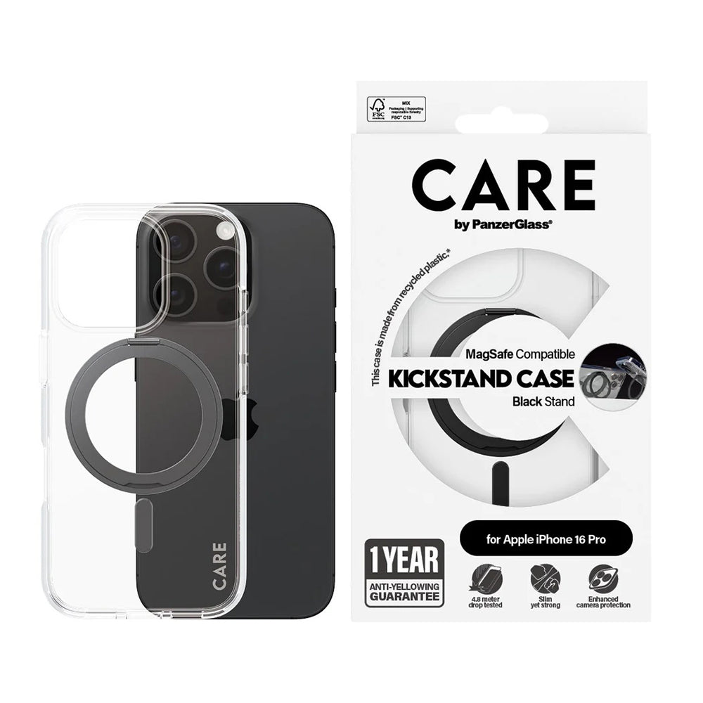 Custodia MagSafe per Apple iPhone 16 Pro, PanzerGlass, con Supporto Kickstand, Trasparente Nera