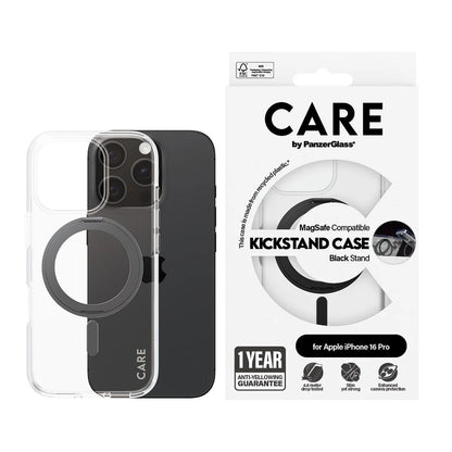 Custodia MagSafe per Apple iPhone 16 Pro, PanzerGlass, con Supporto Kickstand, Trasparente Nera
