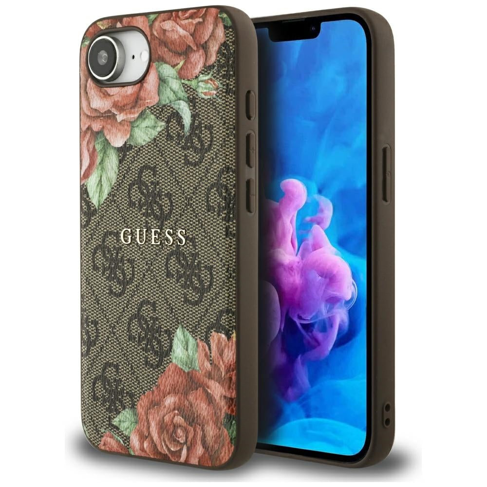 Custodia MagSafe per Apple iPhone 16e, Guess, 4G Flowers Print, Marrone
