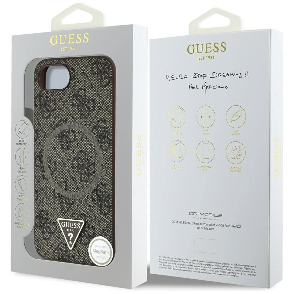 Custodia MagSafe per Apple iPhone 16e, Guess, 4G Ring Triangle Logo, Marrone
