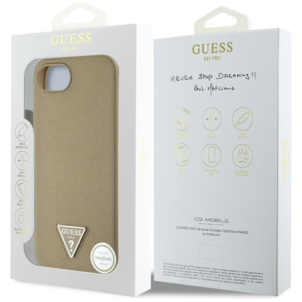 Custodia MagSafe per Apple iPhone 16e, Guess, Logo Triangolo Granulato, Marrone
