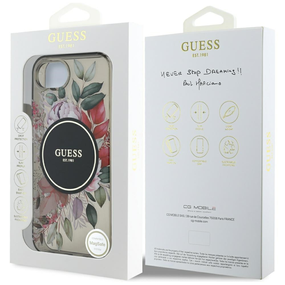 Étui MagSafe pour Apple iPhone 16e, Guess, IML Flowers, Noir
