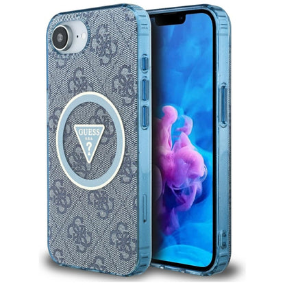 Coque MagSafe pour Apple iPhone 16e, Guess, IML Glitter 4G Circle Triangle, Bleue