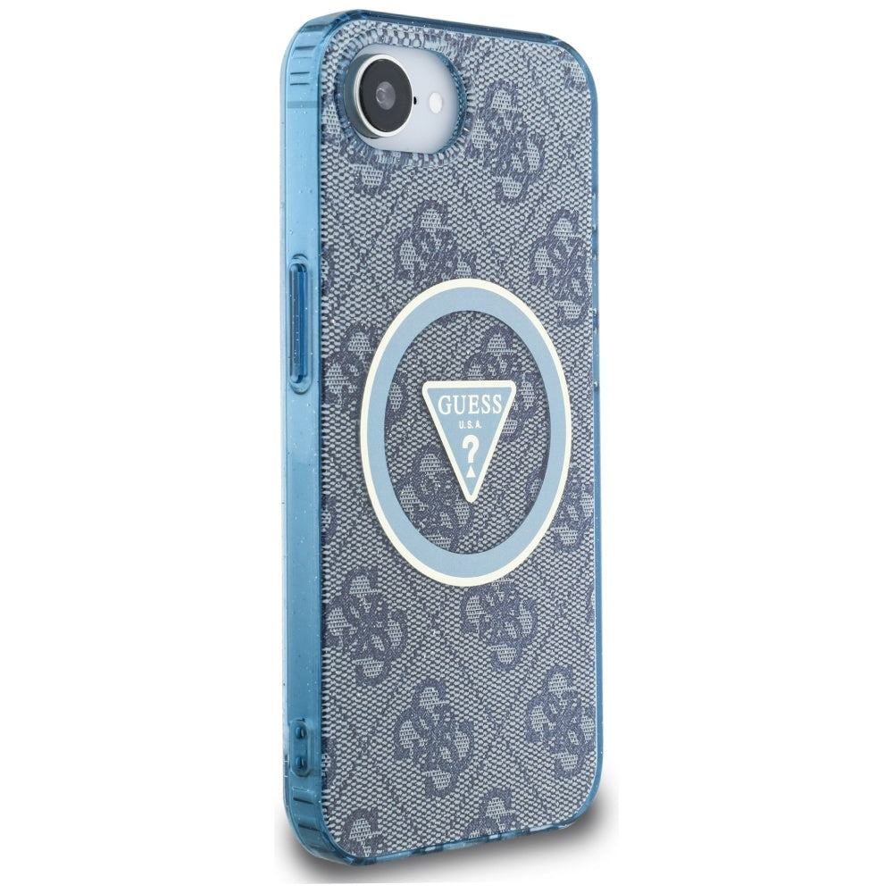 Coque MagSafe pour Apple iPhone 16e, Guess, IML Glitter 4G Circle Triangle, Bleue