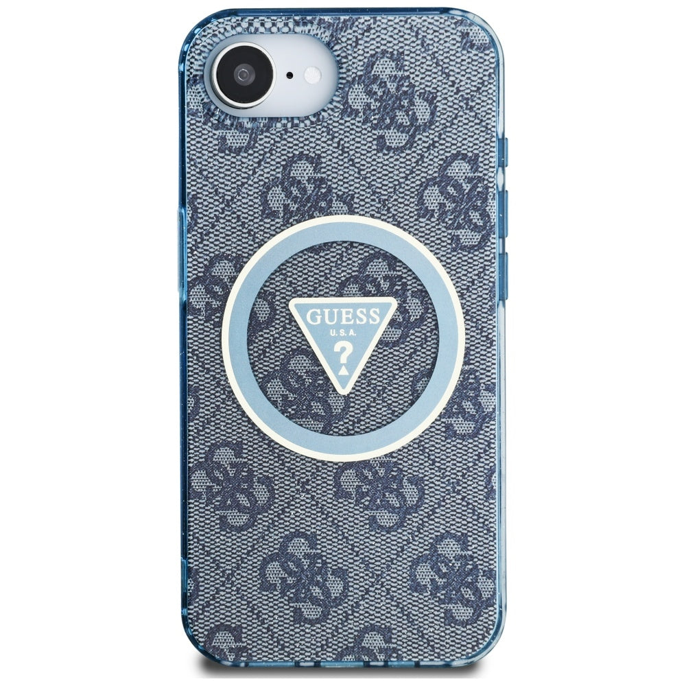 Coque MagSafe pour Apple iPhone 16e, Guess, IML Glitter 4G Circle Triangle, Bleue