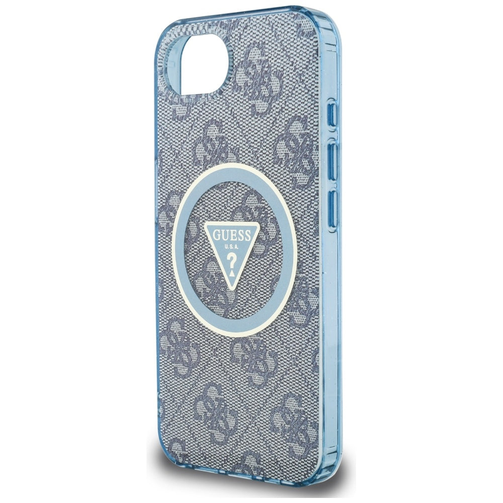 Coque MagSafe pour Apple iPhone 16e, Guess, IML Glitter 4G Circle Triangle, Bleue