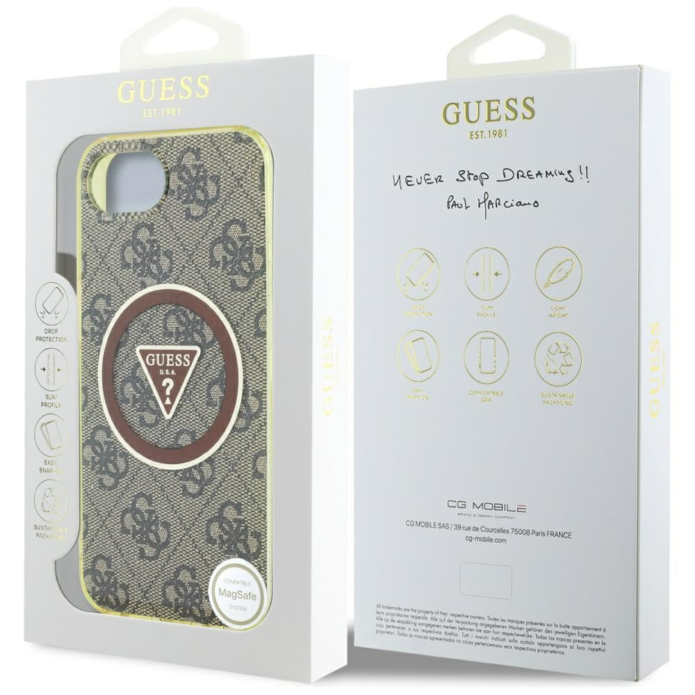 Étui MagSafe pour Apple iPhone 16e, Guess, IML Glitter 4G Circle Triangle, Marron