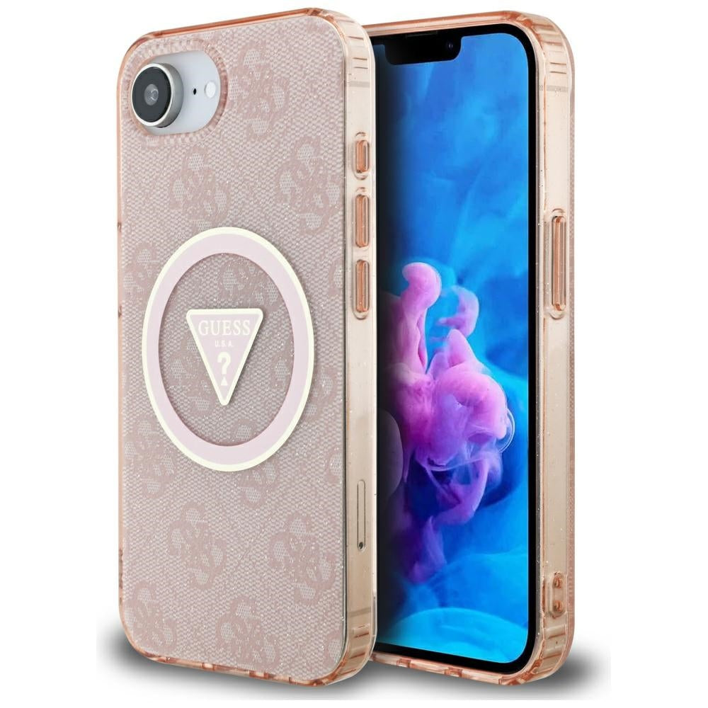 Étui MagSafe pour Apple iPhone 16e, Guess, IML Glitter 4G Cercle Triangle, Rose