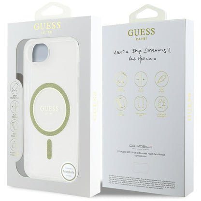 Coque MagSafe pour Apple iPhone 16e, Guess, IML Glitter Circle, Transparente