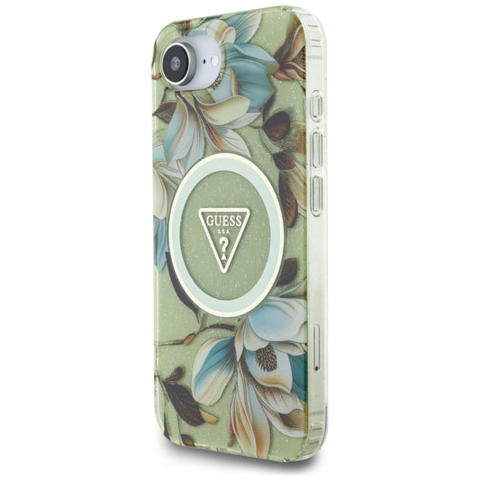Coque MagSafe pour Apple iPhone 16e, Guess, IML Metal Glitter Flowers Triangle, Vert