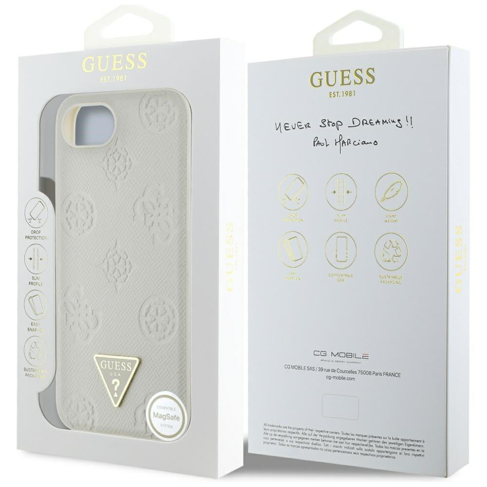 Étui MagSafe pour Apple iPhone 16e, Guess, Peony Grained Hot Stamp Triangle, Beige