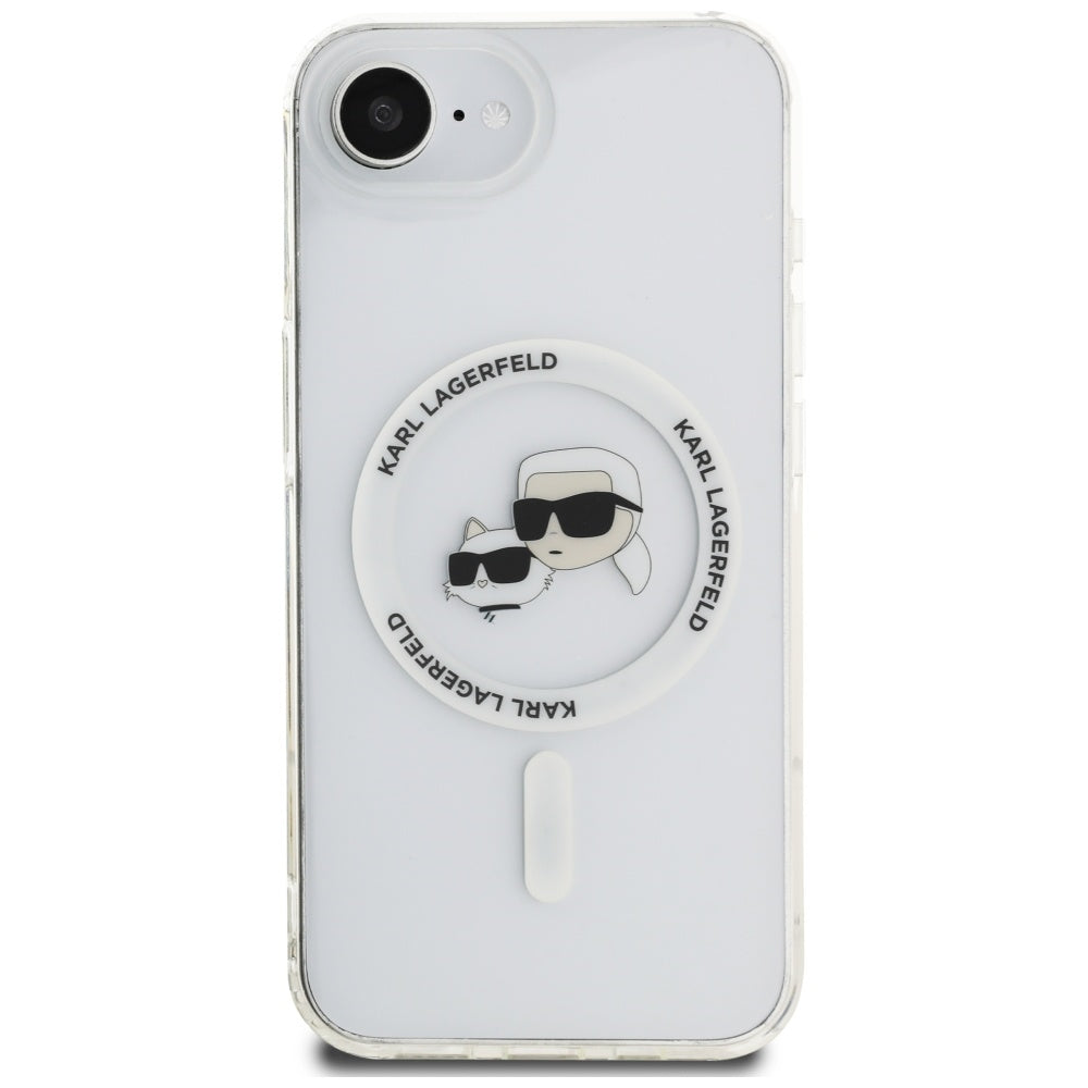 Coque MagSafe pour Apple iPhone 16e, Karl Lagerfeld, IML Metal Karl & Choupette's Heads, Blanche