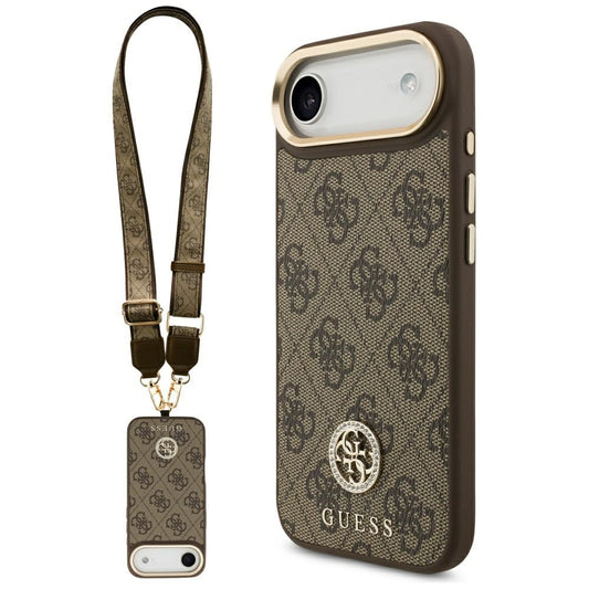 MagSafe Hülle für Apple iPhone 17 Air, Guess, 4G Strass Logo mit großem Riemen, Braun