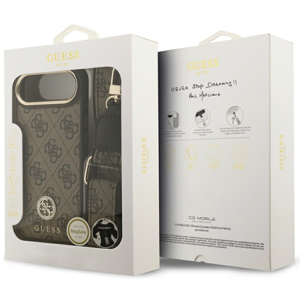 MagSafe Hülle für Apple iPhone 17 Air, Guess, 4G Strass Logo mit großem Riemen, Braun