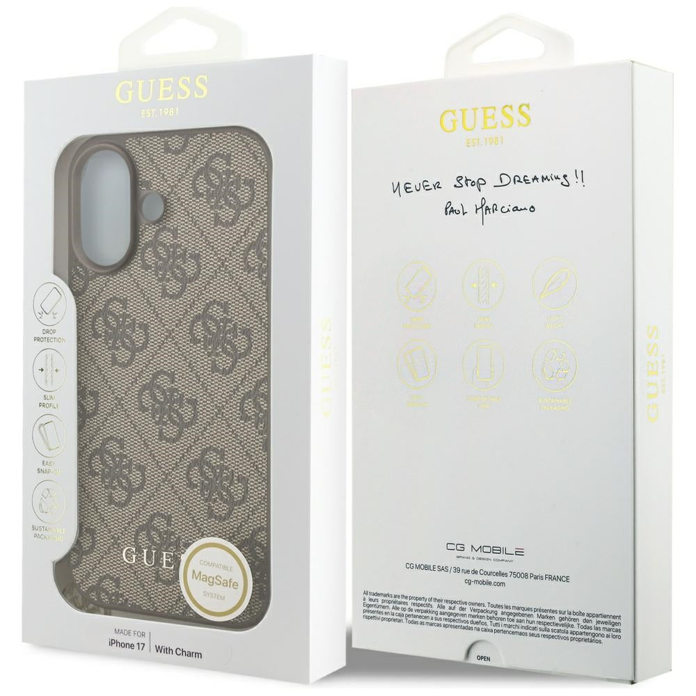 Custodia MagSafe per Apple iPhone 17, Guess, 4G Charm Cradle, Marrone