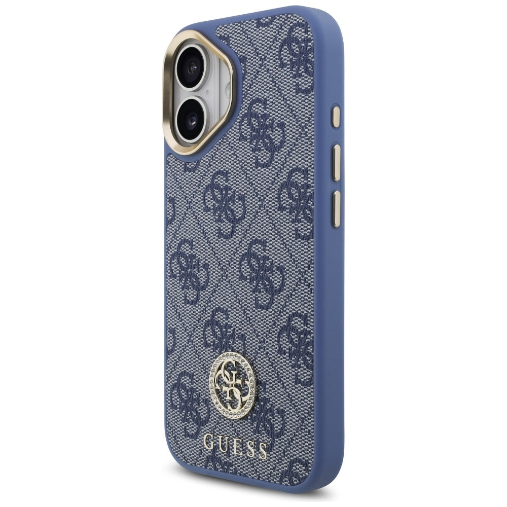 Coque MagSafe pour Apple iPhone 17, Guess, 4G Strass Logo avec Grande Bandoulière, Bleue