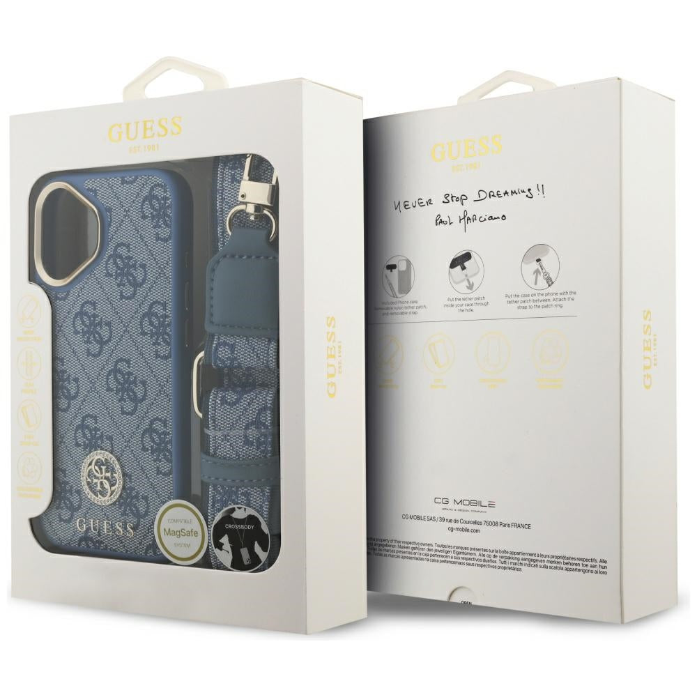 Coque MagSafe pour Apple iPhone 17, Guess, 4G Strass Logo avec Grande Bandoulière, Bleue