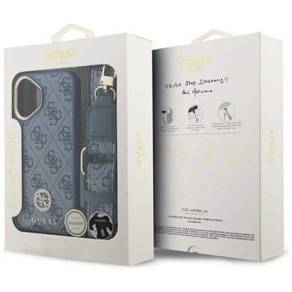 Coque MagSafe pour Apple iPhone 17, Guess, 4G Strass Logo avec Grande Bandoulière, Bleue