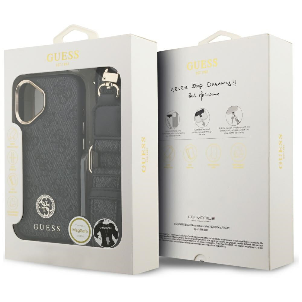 Étui MagSafe pour Apple iPhone 17, Guess, Logo Strass 4G avec Grande Bandoulière, Noir