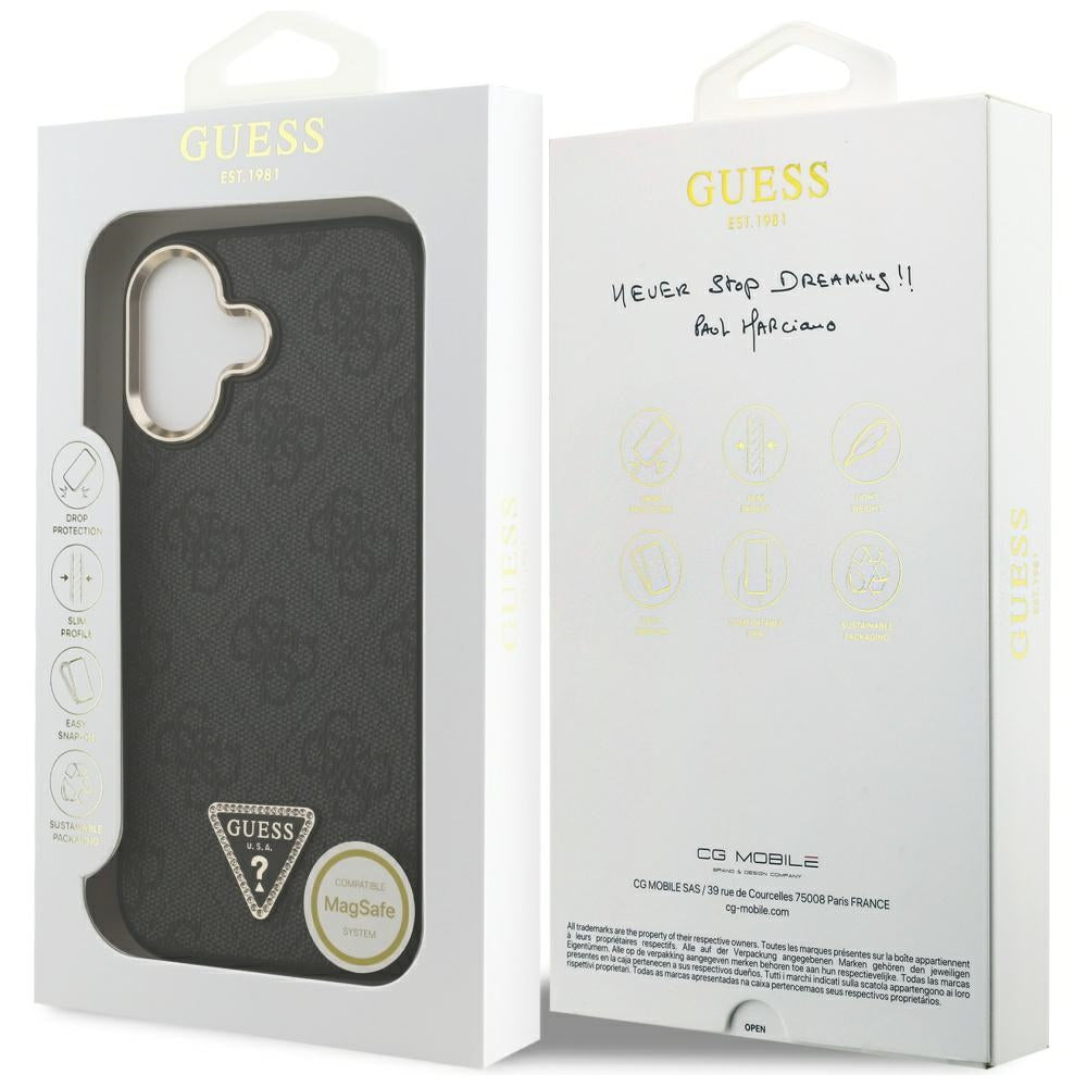 Custodia MagSafe per Apple iPhone 17, Guess, Logo Diamante Triangolo 4G, Nera