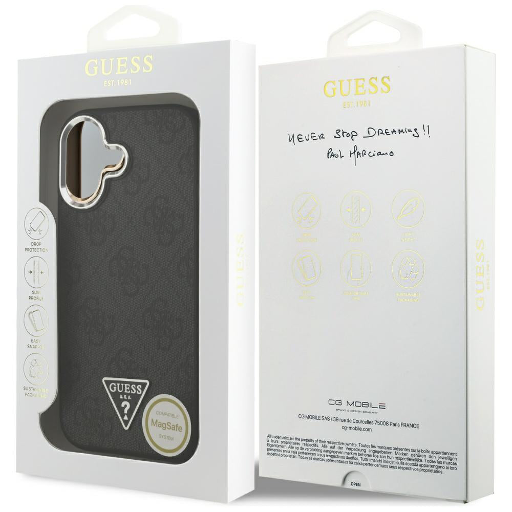 Housse MagSafe pour Apple iPhone 17, Guess, Logo Triangle 4G, Noir Argenté
