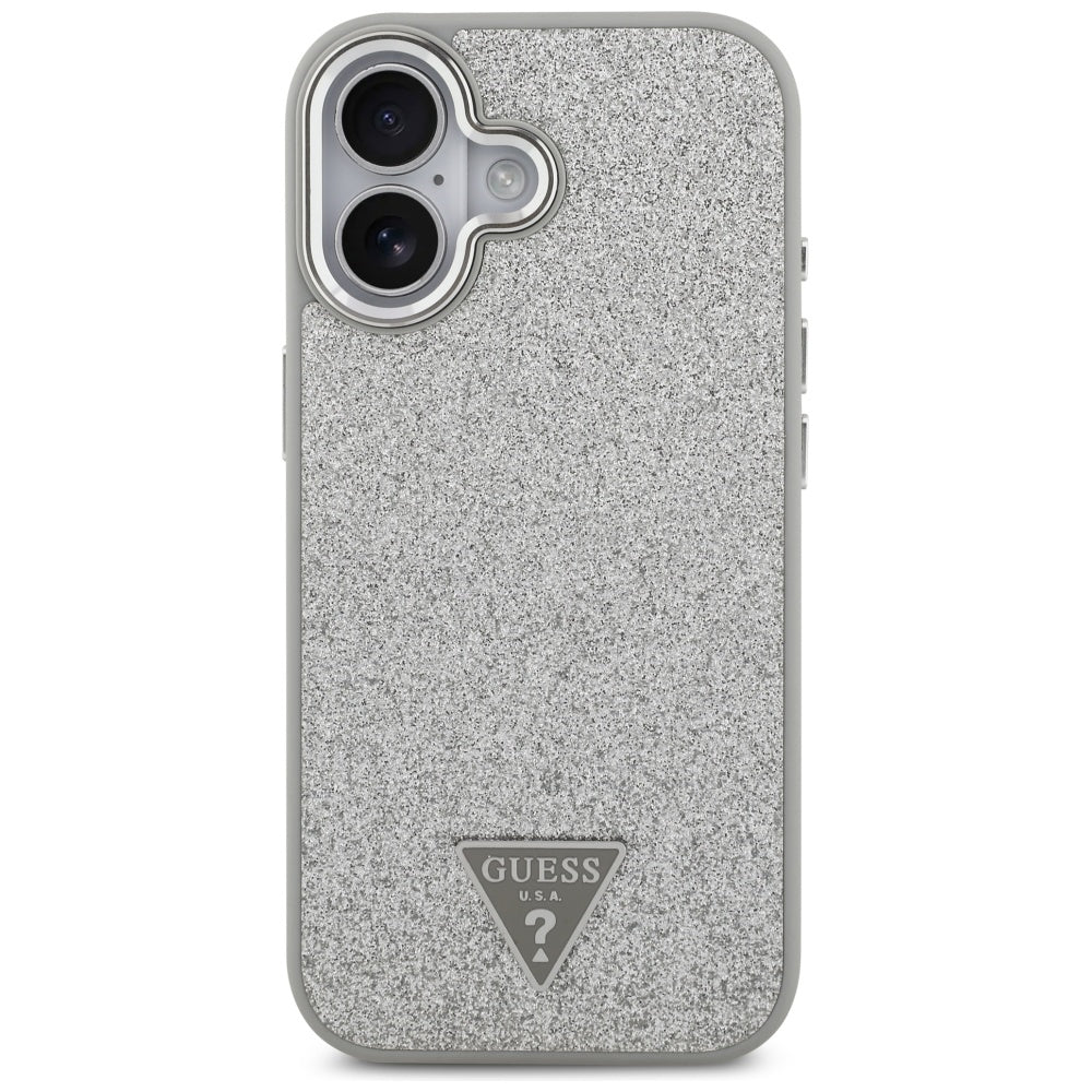 MagSafe Hülle für Apple iPhone 17, Guess, Glitter Triangle Logo, Silber
