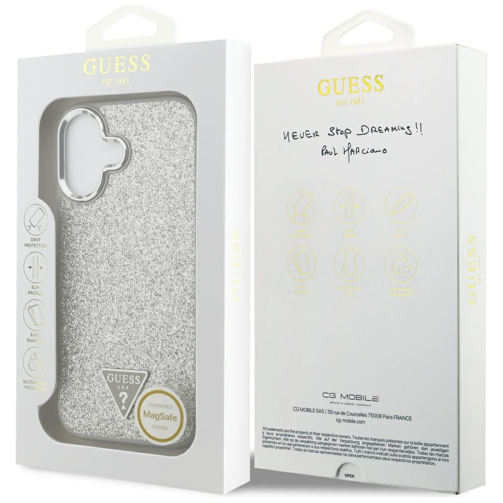 MagSafe Hülle für Apple iPhone 17, Guess, Glitter Triangle Logo, Silber
