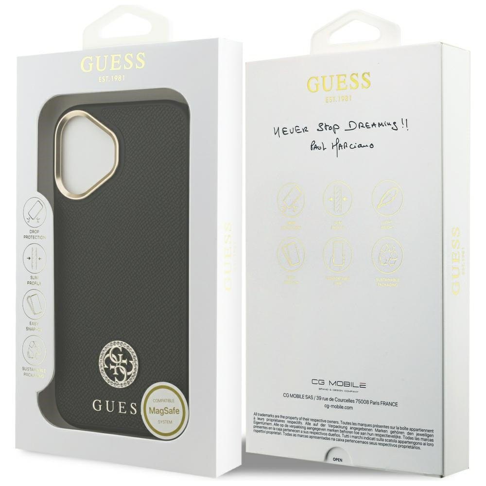 MagSafe Hülle für Apple iPhone 17, Guess, Grained Strass Logo, Schwarz