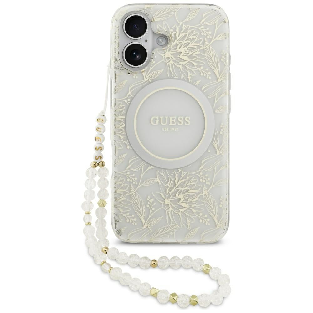MagSafe Case for Apple iPhone 17, Guess, IML Flowers with Pearl Strap, White