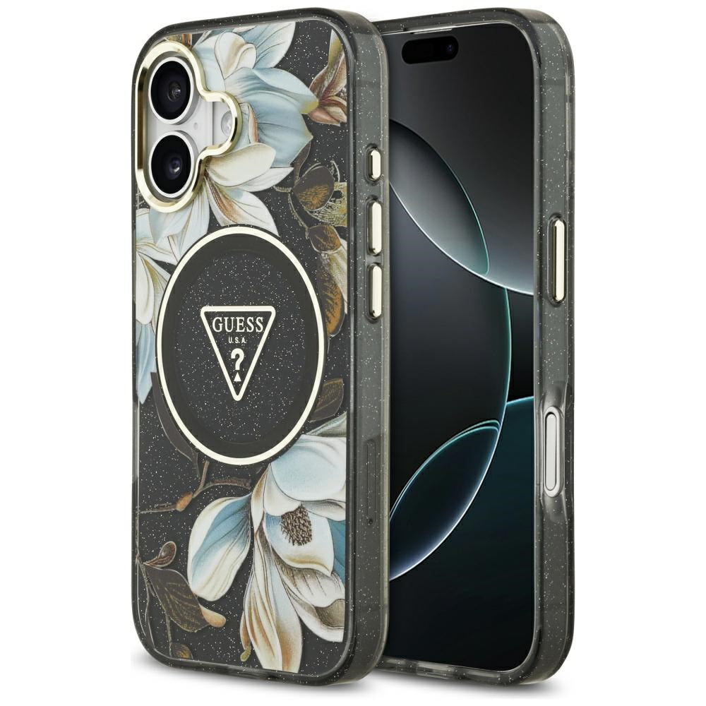 Custodia MagSafe per Apple iPhone 17, Guess, IML Metal Glitter Flowers Triangle, Nera