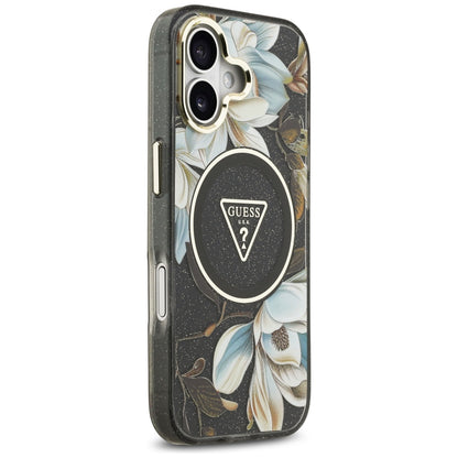 Custodia MagSafe per Apple iPhone 17, Guess, IML Metal Glitter Flowers Triangle, Nera