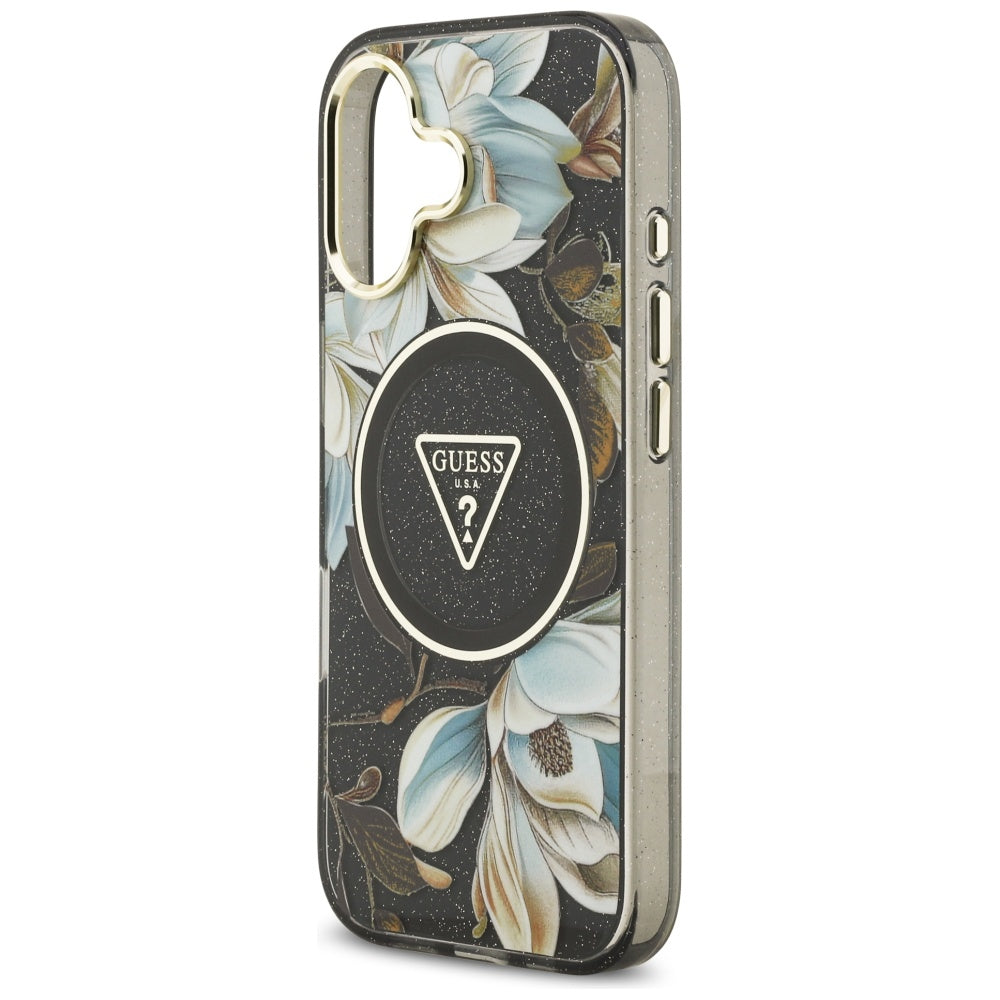 Custodia MagSafe per Apple iPhone 17, Guess, IML Metal Glitter Flowers Triangle, Nera