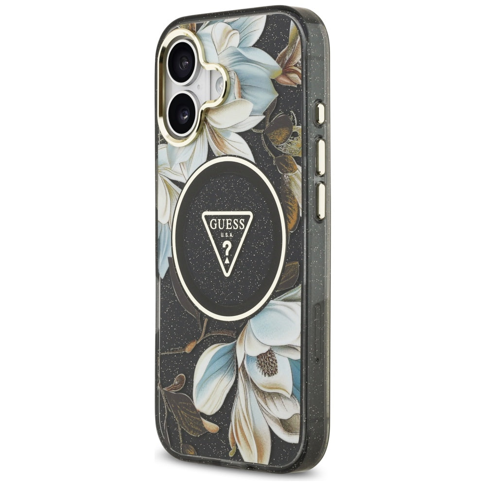 Custodia MagSafe per Apple iPhone 17, Guess, IML Metal Glitter Flowers Triangle, Nera