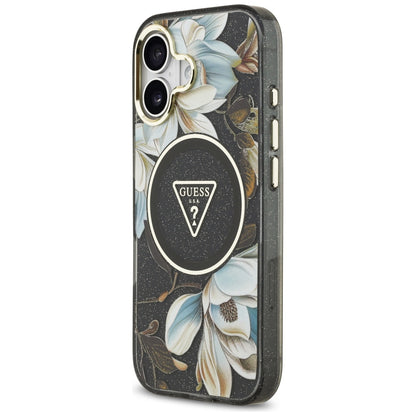 Custodia MagSafe per Apple iPhone 17, Guess, IML Metal Glitter Flowers Triangle, Nera