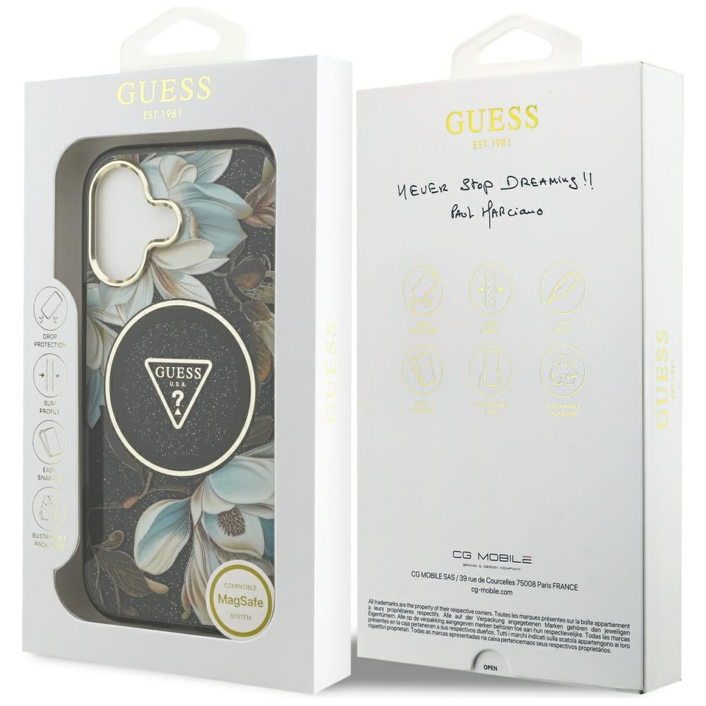 Custodia MagSafe per Apple iPhone 17, Guess, IML Metal Glitter Flowers Triangle, Nera