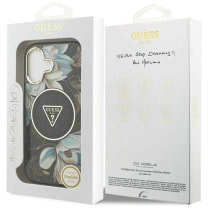 Custodia MagSafe per Apple iPhone 17, Guess, IML Metal Glitter Flowers Triangle, Nera