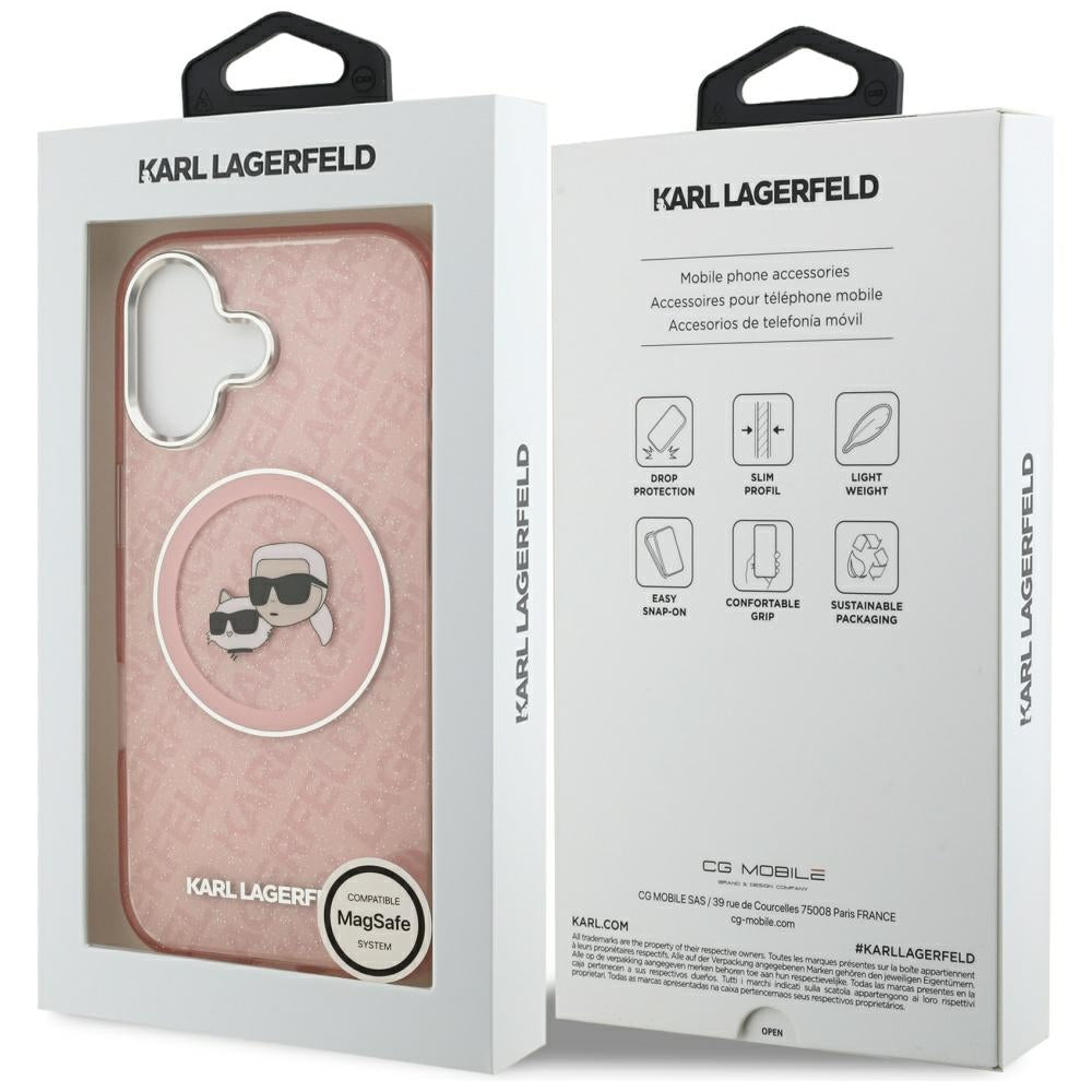 Custodia MagSafe per Apple iPhone 17, Karl Lagerfeld, IML Glitter Karl & Choupette's Heads, Rosa