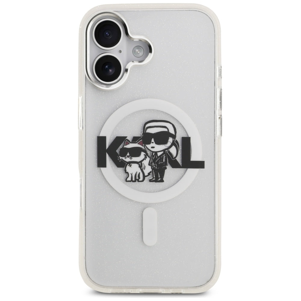 Coque MagSafe pour Apple iPhone 17, Karl Lagerfeld, IML Sketch Logo Glitter Karl & Choupette, Transparente