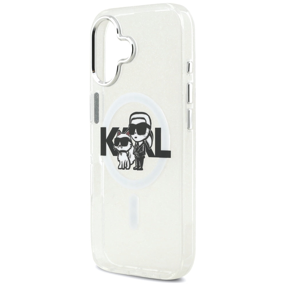 Coque MagSafe pour Apple iPhone 17, Karl Lagerfeld, IML Sketch Logo Glitter Karl & Choupette, Transparente