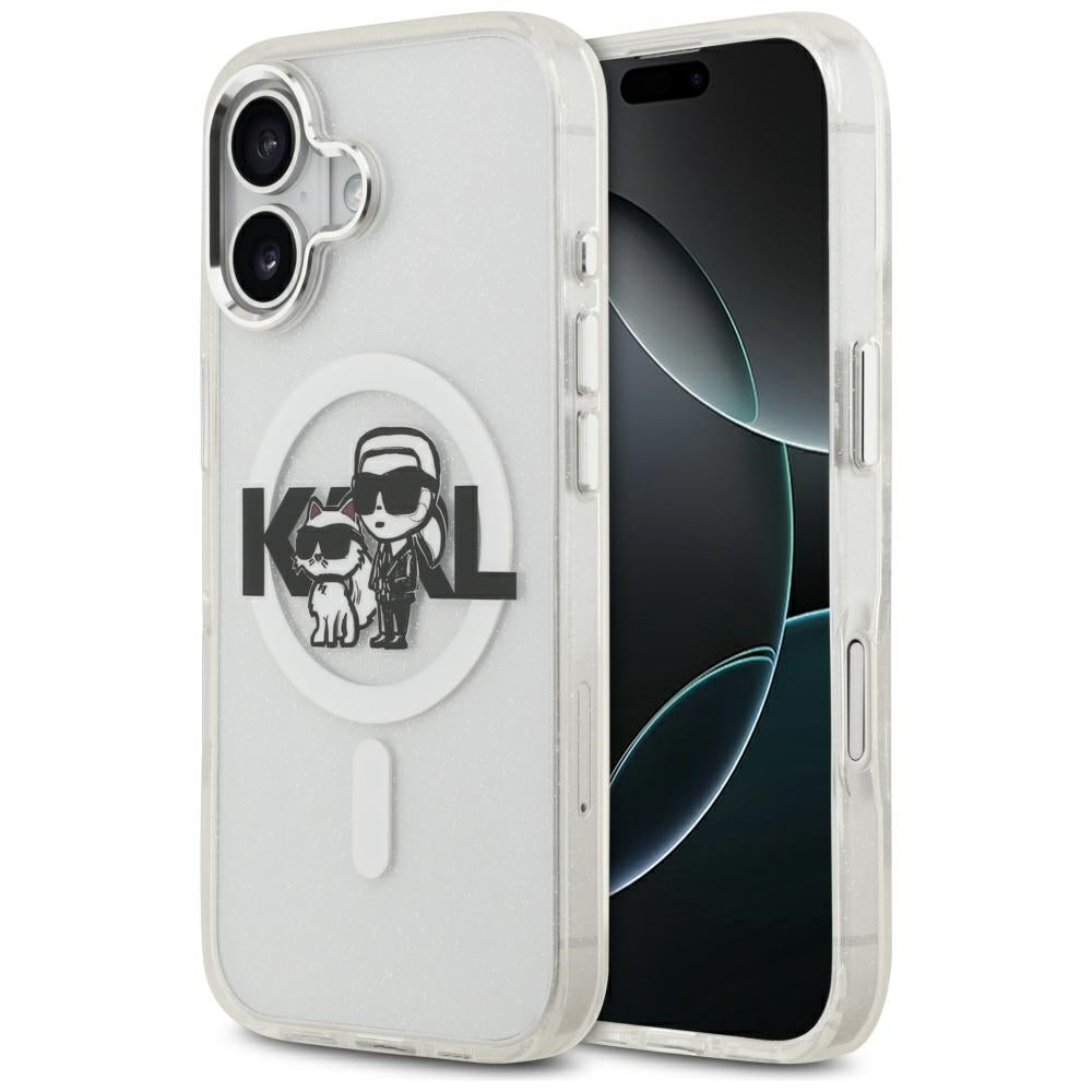Coque MagSafe pour Apple iPhone 17, Karl Lagerfeld, IML Sketch Logo Glitter Karl & Choupette, Transparente