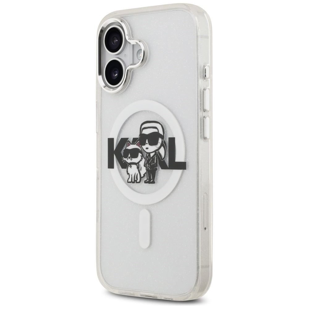 Coque MagSafe pour Apple iPhone 17, Karl Lagerfeld, IML Sketch Logo Glitter Karl & Choupette, Transparente