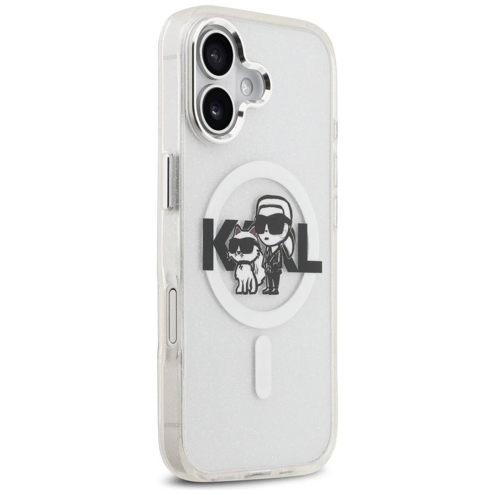 Coque MagSafe pour Apple iPhone 17, Karl Lagerfeld, IML Sketch Logo Glitter Karl & Choupette, Transparente