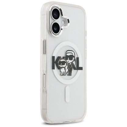 Coque MagSafe pour Apple iPhone 17, Karl Lagerfeld, IML Sketch Logo Glitter Karl & Choupette, Transparente