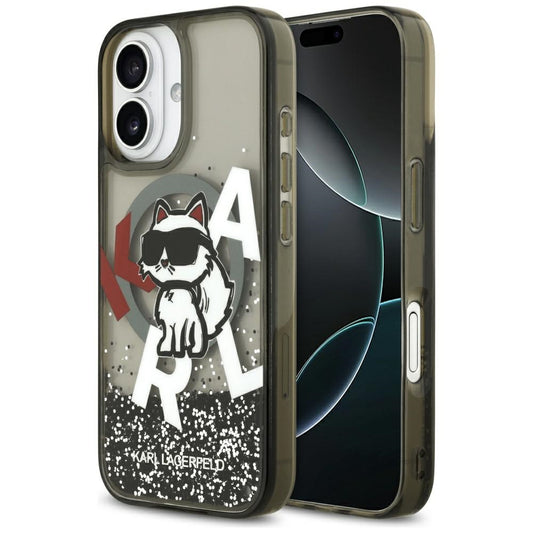 Coque MagSafe pour Apple iPhone 17, Karl Lagerfeld, Liquid Glitter Logo Choupette, Noire