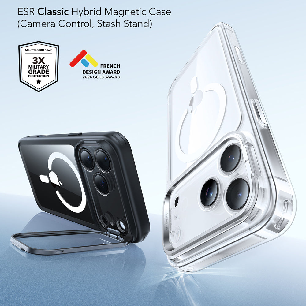 Coque MagSafe pour Apple iPhone 17 Pro, ESR, Classic Hybrid Kickstand, Noire Transparente