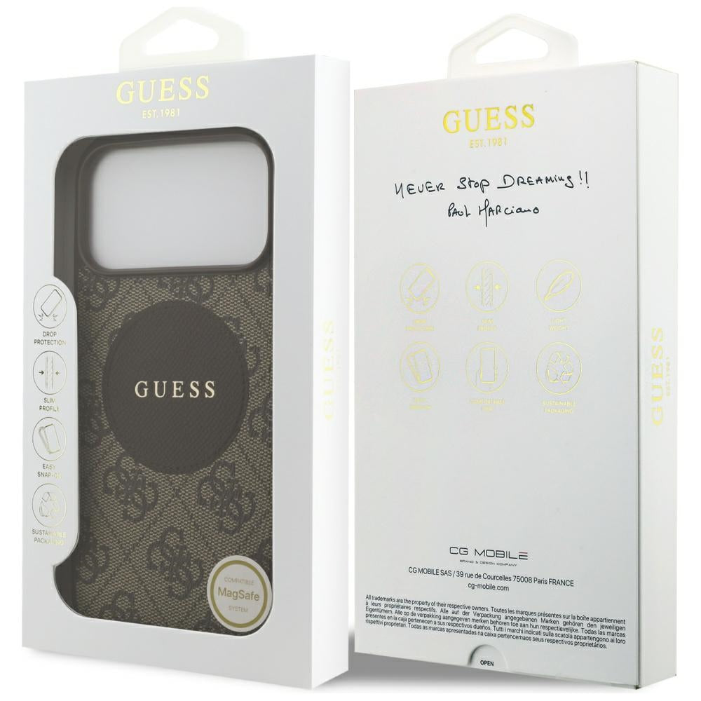 Custodia MagSafe per Apple iPhone 17 Pro, Guess, 4G Circle Classic Logo, Marrone